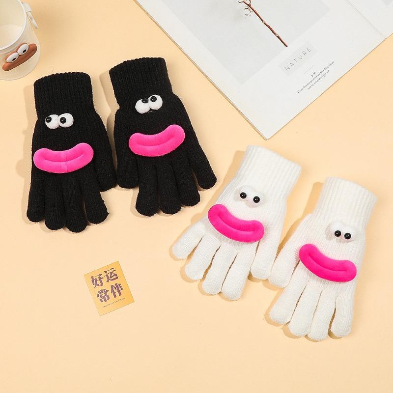 Cartoon gloves women's winter wool knitted thickened to keep warm and cold students cute and funny, showing fingers can be versatile