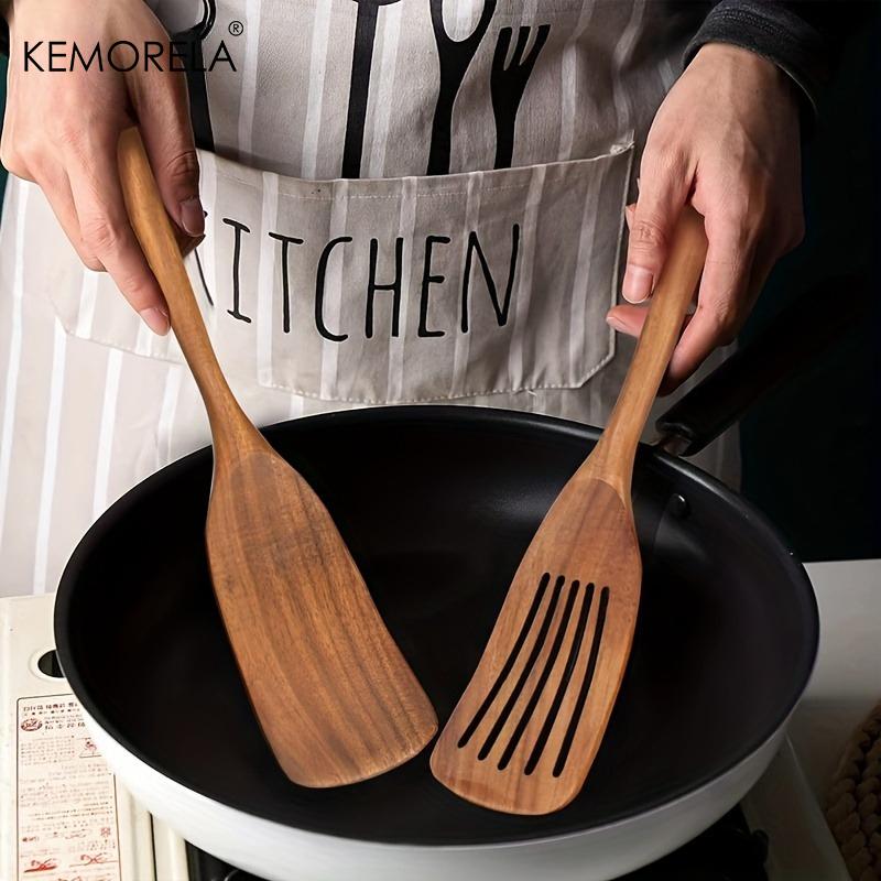 Acacia Wood Spatula Set - Non-Stick, Food-Safe Kitchen Utensils for Cooking, Mixing, Frying, Flipping - Durable Wooden Slotted
