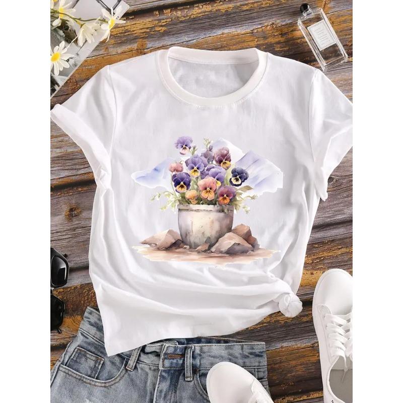 (European Size) 90s Women Flower Watercolor Trend Cute Short Sleeve Fashion Tee Top Clothing Print Lady Casual T-shirt Female Graphic T-shirts