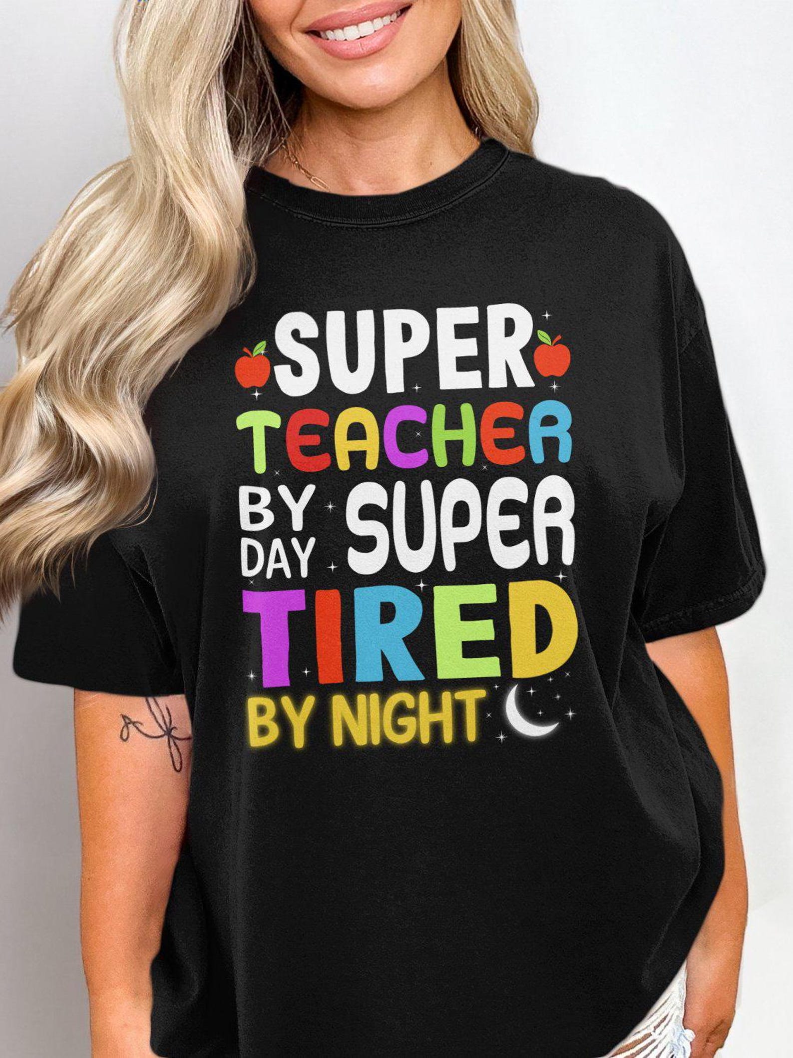 Funny Teacher T-Shirt: Super Teacher Tired by Night, Educator Gift XL