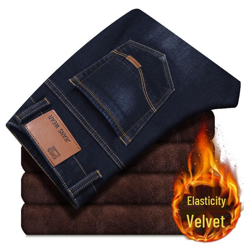 2025 Autumn Winter Men's Plus Velvet Thick Straight-Leg Jeans - Large Size, Loose Fit, Business Casual Youth Denim