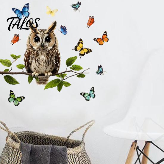 Natural Forest Theme Wall Decor Owl Butterfly Sticker, Animal Illustration Decorative Decals, Window Film for Glass Doors Waterproof Removable