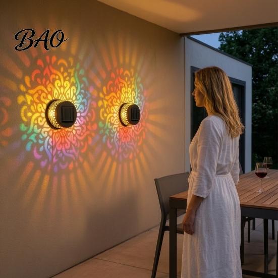 Solar Garden Decoration Light Wall Light, 7 Color Changing Metal Fence Lamp with Projection, Outdoor Waterproof for Yard Patio Column Decor Seven LED