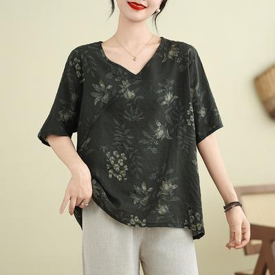 Cotton and Linen New Chinese Large-size Women's Summer Thin Retro Ethnic Style Versatile Loose V-neck Short-sleeved T-shirt for Women