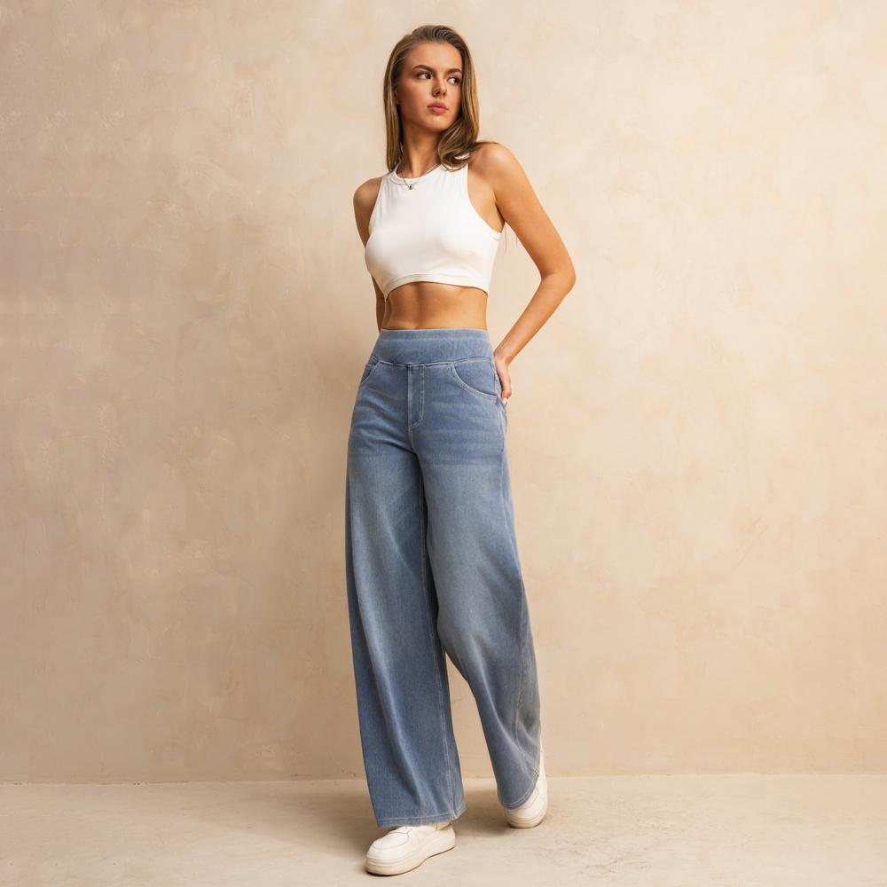 Shascullfites Melody High-Waisted Wide-Leg Jeans Light Blue Women's Stretchy Knit Trousers with Multiple Pockets for Work