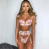 Women's Sexy  Lace Flower Embroidery Underwear Sexy Three-piece Suit With Steel Ring