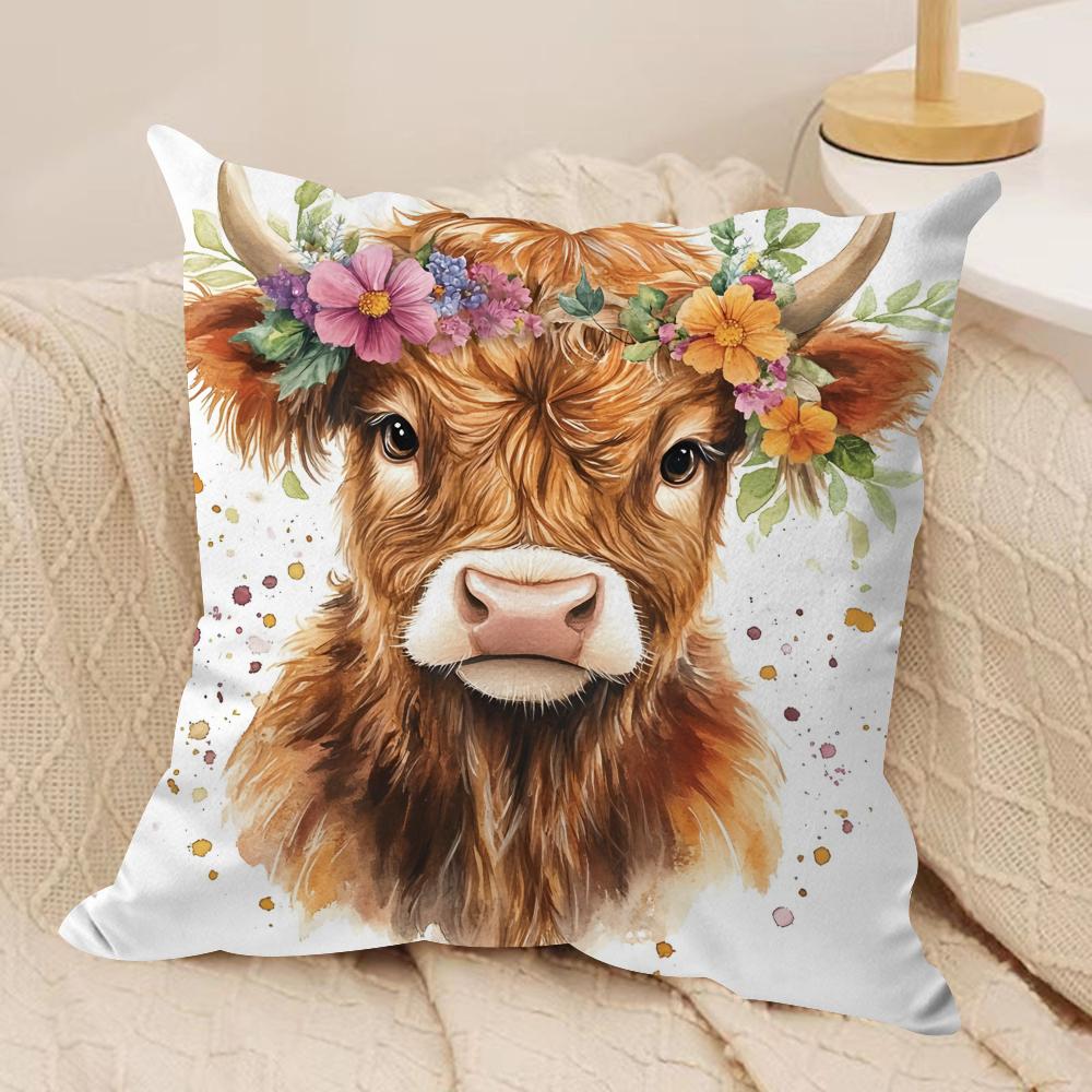 Capa de Almofada Vaca das Terras Altas e Flor Tecido de Pelúcia Macio Capas de Almofada Impressas em Ambos os Lados para Todas as Estações Decoração de Casa