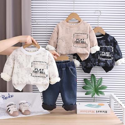 Jongens lange mouwen 2-delige set, 0-5 jaar oud Kinderen Engelse bedrukte fleece hoodie+denim broek