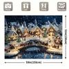 2D verschneite Weihnachtsdorf Kulisse, beleuchtetes Winterstädtchen mit Schlitten und Brücken-Party Hintergrundtuch