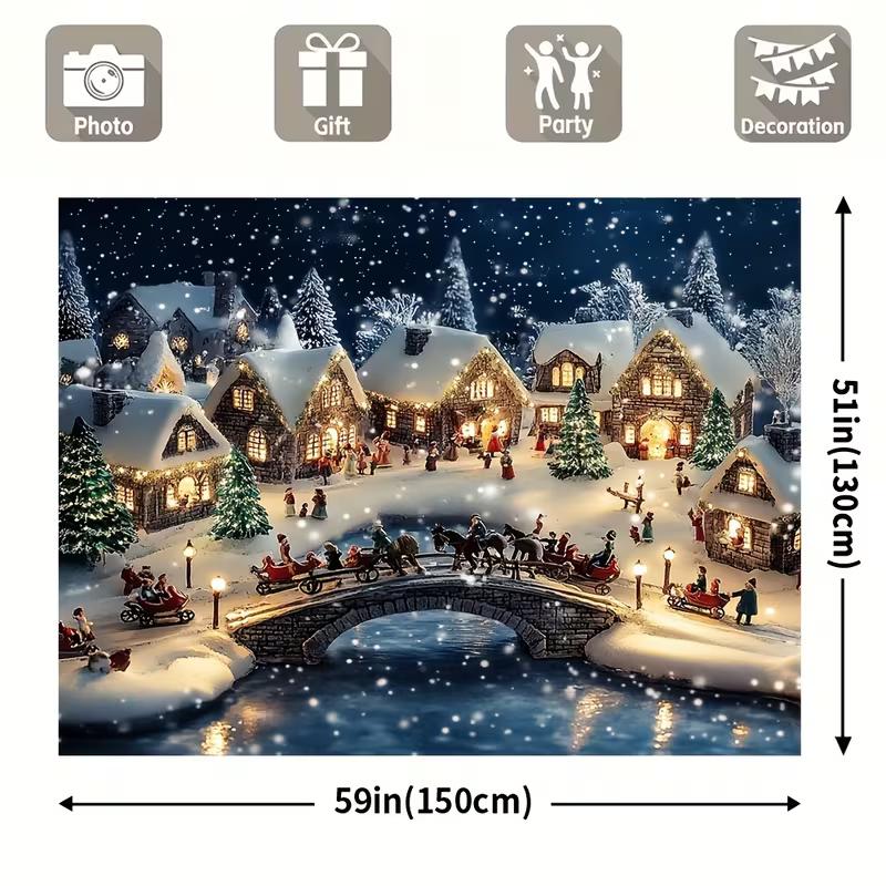 2D verschneite Weihnachtsdorf Kulisse, beleuchtetes Winterstädtchen mit Schlitten und Brücken-Party Hintergrundtuch