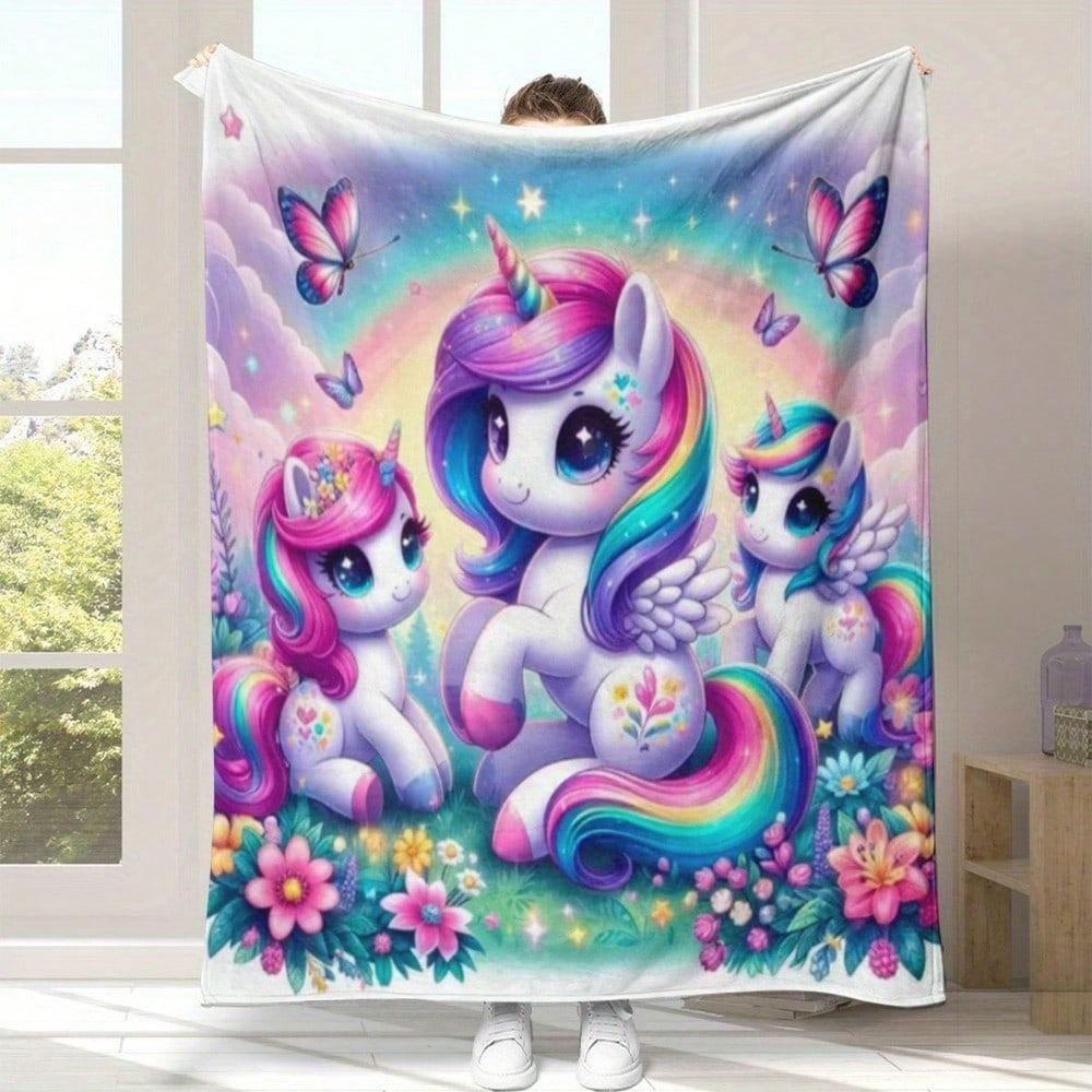 Rainbow Unicorn Butterfly Flannel Throw Blanket, Cute Cartoon Unicorn Print Soft Blanket for Sofa Bed, Nap Blanket, Kids Home Decor Gift