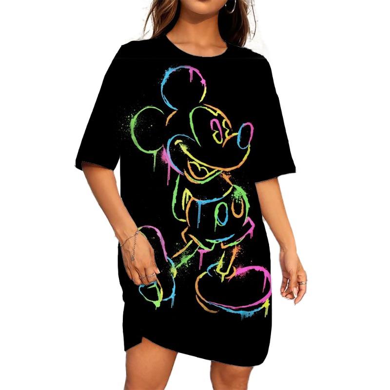 

Disney Mickey Mouse print Women Dress Elegant Sweet Casual Short Sleeve Loose A-Line Dress Summer Beach Dress Female Sundress 3XL