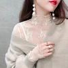 Women's Semi-High Neck Lace Layer 2022 Autumn Mesh Top