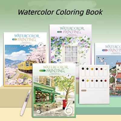 Bview Art Watercolor Coloring Book for Kids & Adults 12-Color Paint Set Included Paper Art Sketchbook for Stress Relief