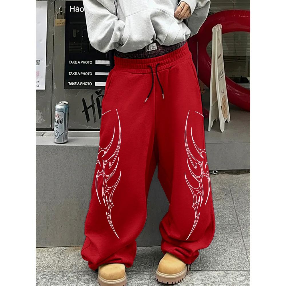 

Men s Street Style Loose Straight Casual Pants, Fashionable Sports Pants, Totem Printed Drawstring Pants, Hip-hop Wide Leg Pants S