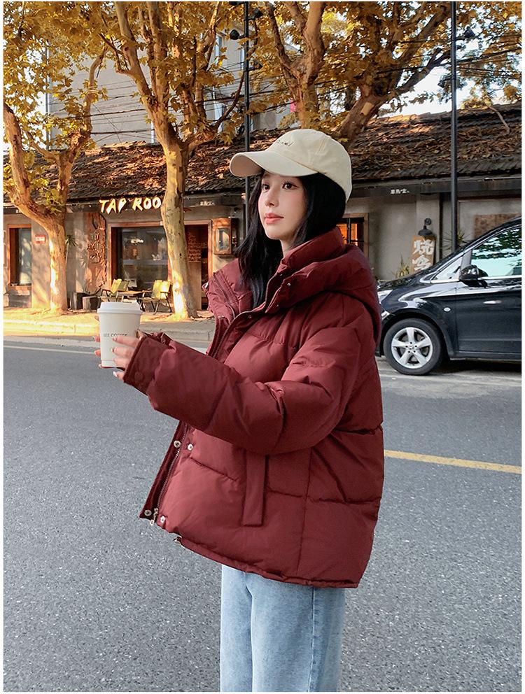 Women's Autumn and Winter Coat Hooded Short Solid Color Loose Thickened Windproof Women's Jacket