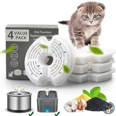 Yeahmart 4PCS Pets Cat Water Drinking Fountain Filters 3-Stage Filtration for 67oz/2L Cat Pet Fountains Ultra-quiet Pump Automatic Drinking Fountain