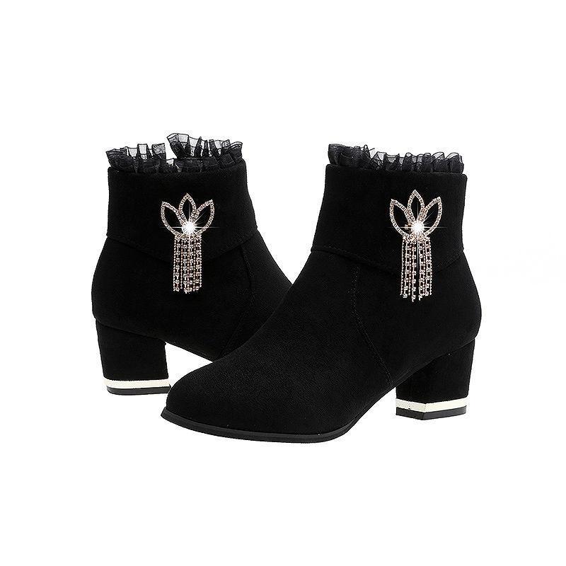 Fashion Black Autumn Winter Women's Ankle Boots Elegant with Medium Heels Warm Rhinestone Y2k Female Short Shoes Sale New In Hot Booties