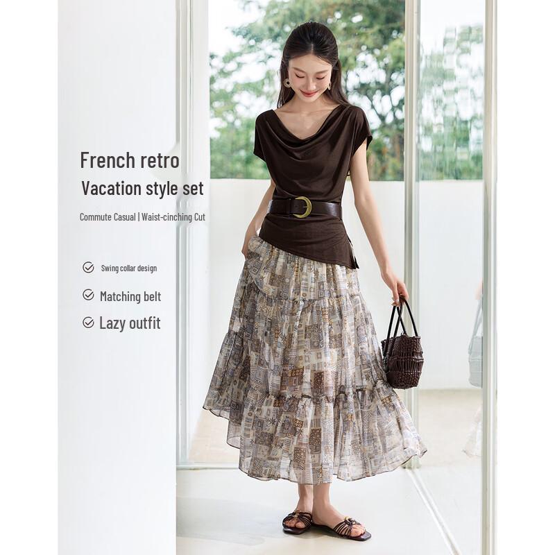 Women s French Style Floral Skirt Two-Piece Set XL