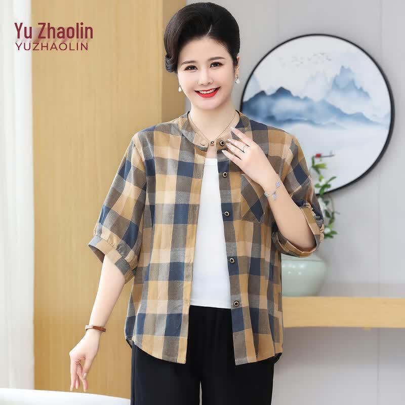 

YUZHAOLIN Women s Plus Size Plaid Seven-Sleeve Casual Shirt 3XL