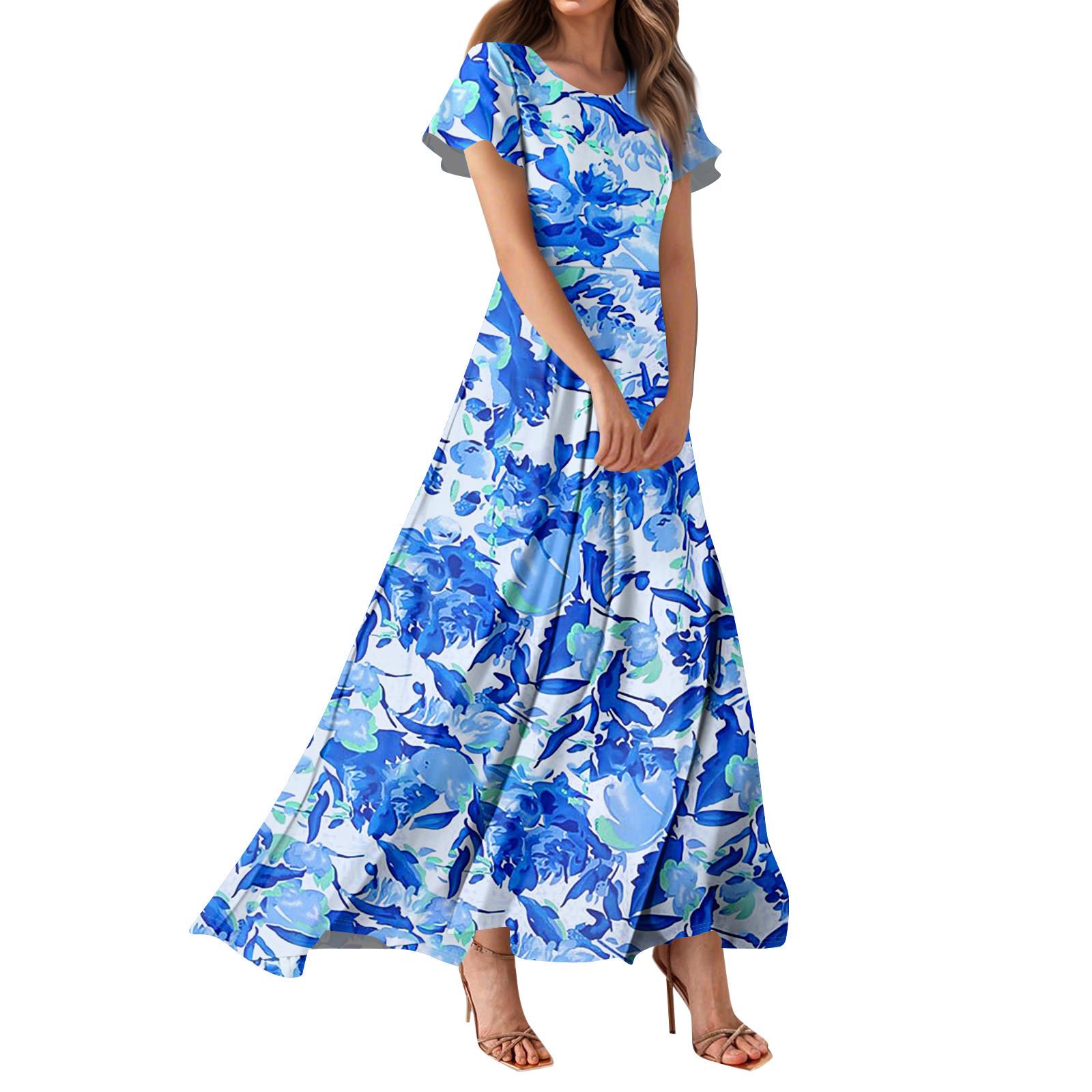 Women s Bohemian Print Casual Round Neck Short Sleeve High Waist Dress Elegant Dress L
