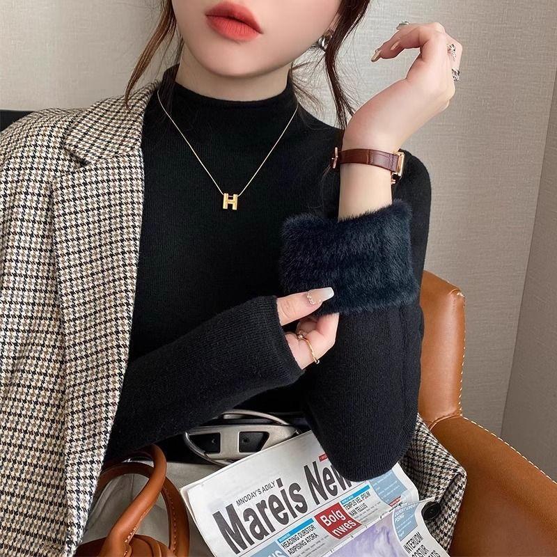 Chu Zhiwen autumn and winter semi-turtleneck integrated mink velvet piled thickened sweater women's versatile warm solid color bottoming shirt women