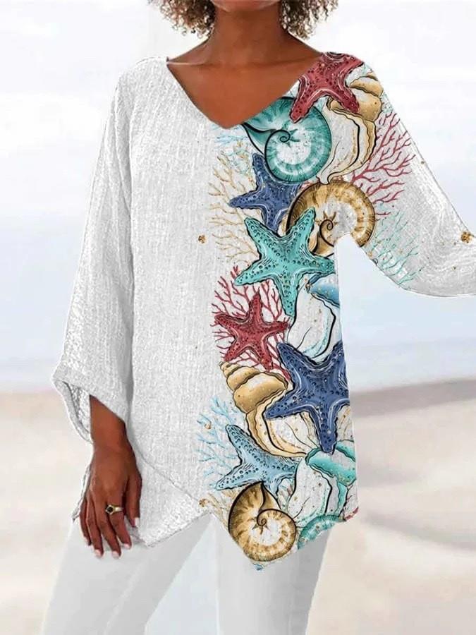 Women Casual Loose V-Neck Irregular Hem Long Sleeve Top