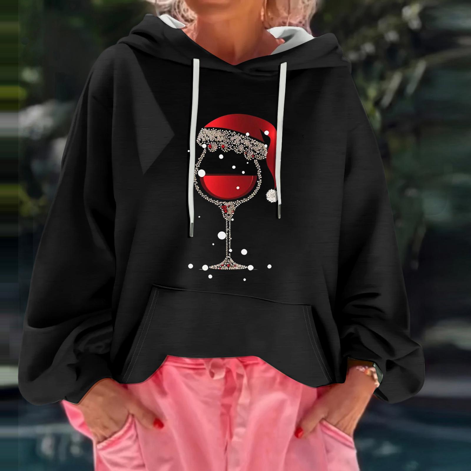 

Женский рождественский принт, свободный повседневный худи с длинным рукавом и капюшоном L чёрный