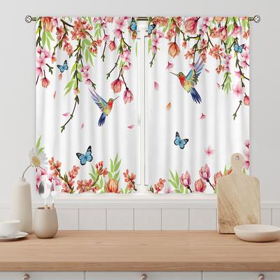 Cortinas de Janela com Bainha para Vara,Beija-flor,Floral,Cozinha,Flor,Borboleta,Botânico,Quarto,Rústico,Sala de Estar,Decoração de Casa,2 Peças