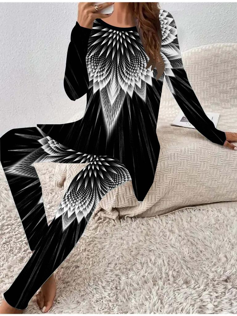 Euro-amerikanische Mode 3D Abstrakt bedrucktes Damen Vier-Jahreszeiten Langarm T-Shirt + Lange Hose Zweiteiliges Set. Perfektes Geschenk für Neujahr & Weihnachten