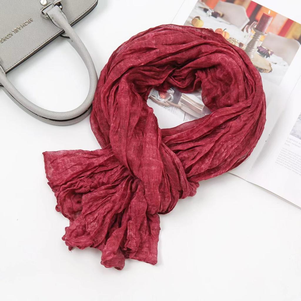 Solid Green Cotton Linen Vintage Pleated Scarf Shawl Autumn Winter Unisex Thin Long Neck Wrap Warmth Breathable Lightweight