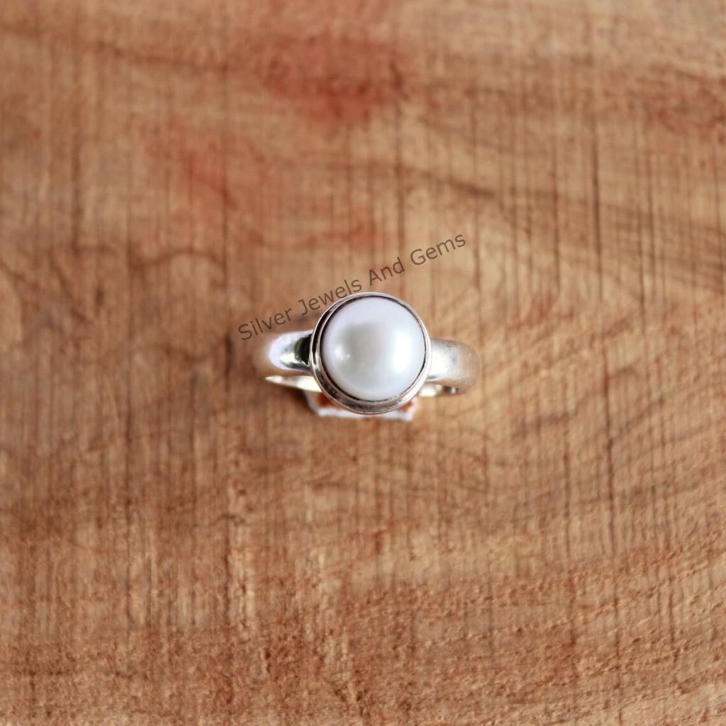 Natural Pearl Ring-Handmade Silver Ring-925 Sterling Silver Ring-Round Fresh Water Pearl Ring-Gift for her-Promise Ring-June Birthstone