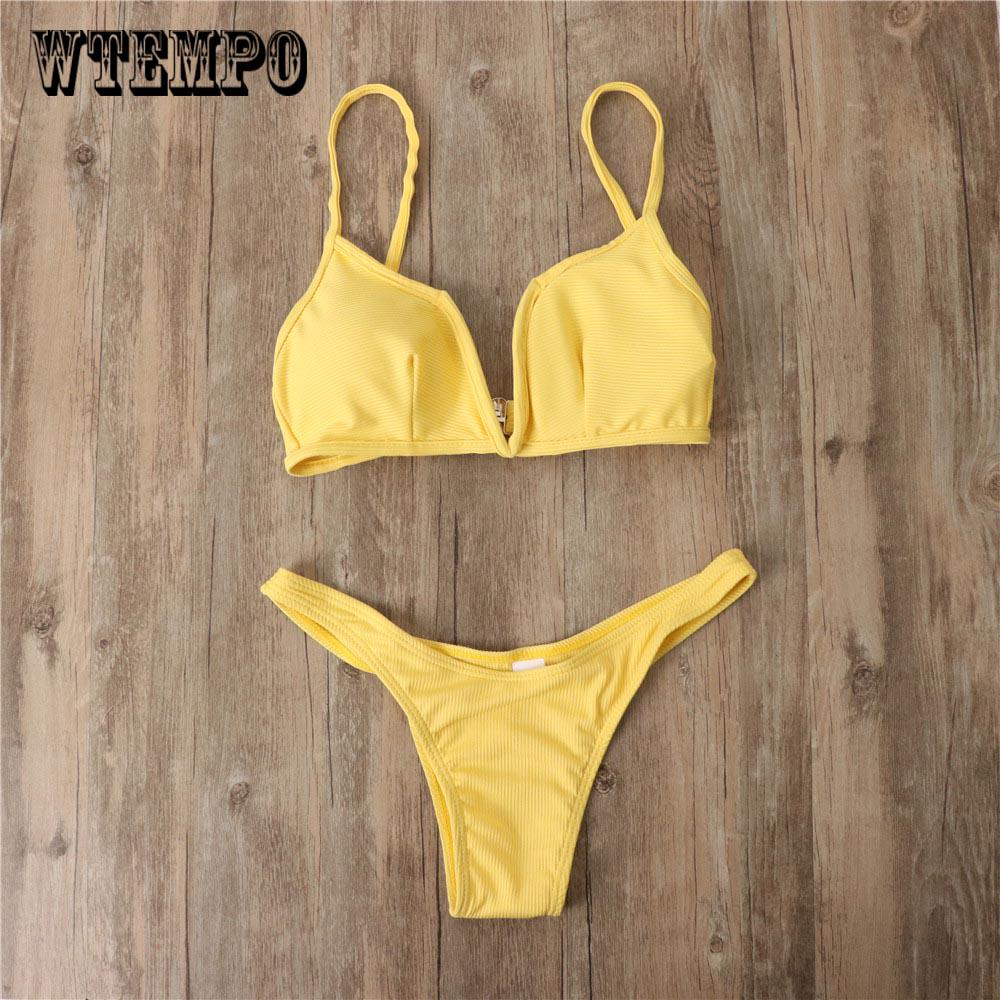 

WTEMPO брендовый разделенный купальник, тканевый женский бикини с V-образной пуговицей, сексуальный купальник-бикини L