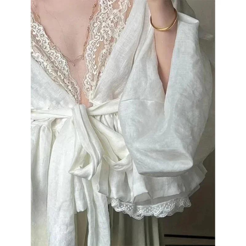 Lace Shirts Women Vintage Sexy V Neck Bandage Blouses Summer Fairy Korean Patchwork Long Sleeve Casual
