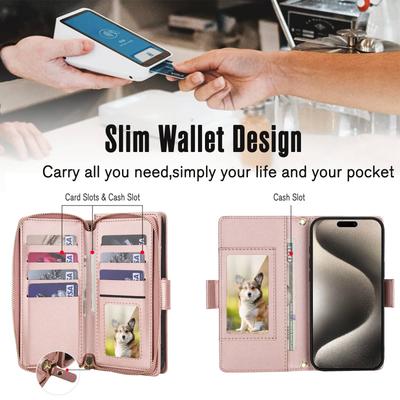 WEFOR Crossbody Wallet Case for iPhone 14 13 12 11 Pro Max X XS XR SE 6 7 8 Plus, RFID Blocking Zipper Handbag Purse Flip Cover