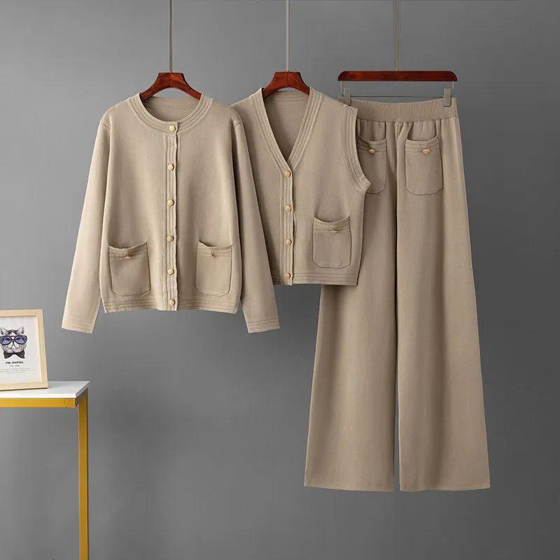 

and American Foreign Trade Fashion Temperament Knitted Three-Piece Set Women Sleeveless Cardigan Top + round Neck Wool Cardigan Outerwear + Wide Khaki One size