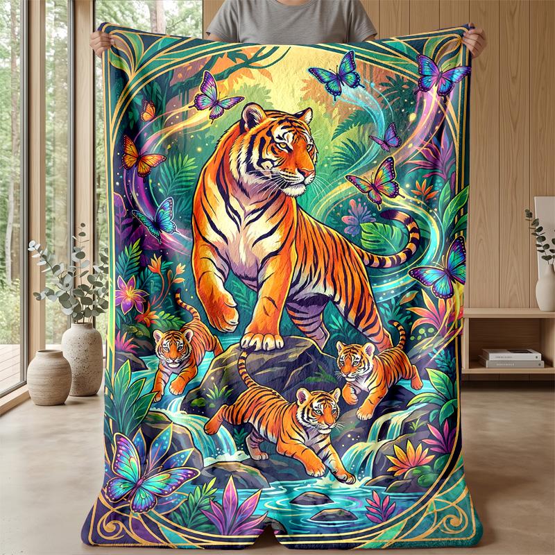 Tiger Family In Jungle 1 Theme Blanket Lightweight Warm Flannel Blanket Decorative Throw Blanket for Home Decoration