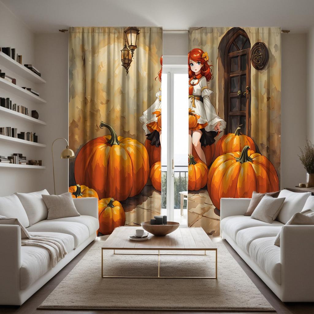 2pcs HD Back Room Pumpkin cartoon Girl curtain Yellow tie digital printed curtain Home Decoration style Decorate living room
