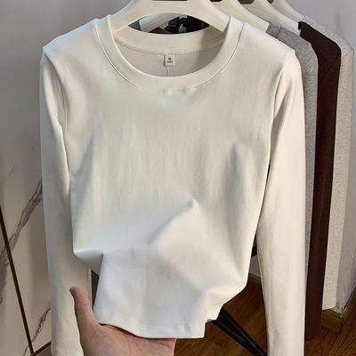 Spring and Autumn Cotton Crew Neck Pure White Long Sleeve T-Shirt Grind Slim Thread Solid Color Bottom Shirt