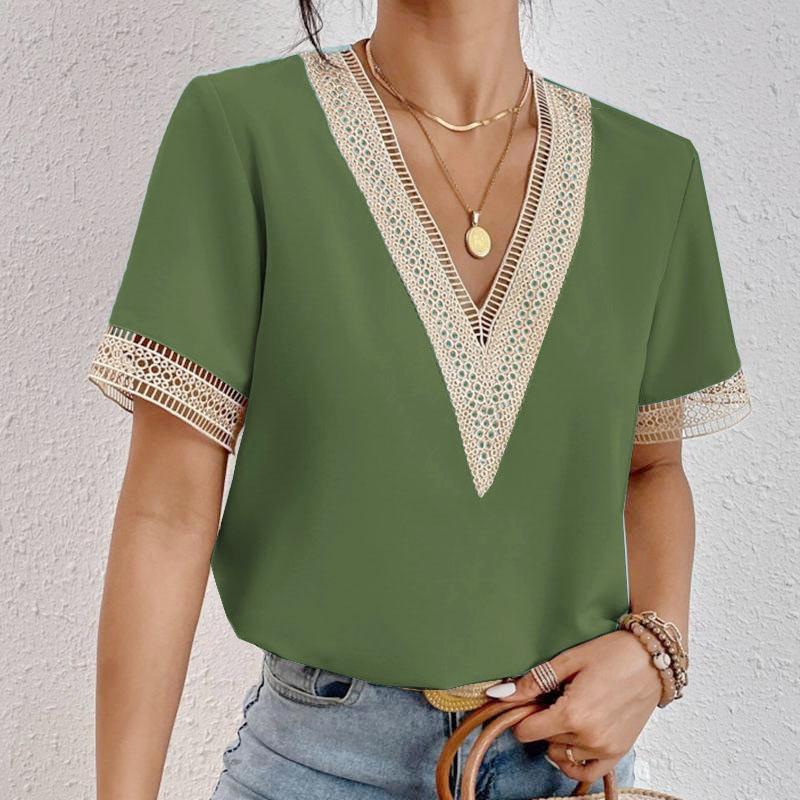 EastRogue  Women's Fashion Casual Summer Spring Solid Color Print Lace Short Sleeve V-Neck Blouses & Shirts