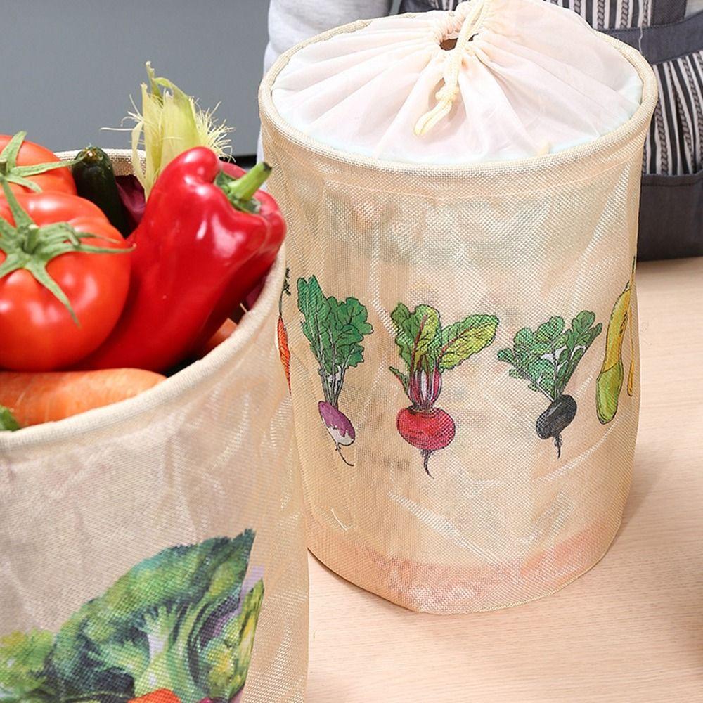 2Pcs Washable Fruit Storage Bag Wear-resistant Foldable Imitation Linen Storage Bag Recyclable Kitchen Drawstring Bag