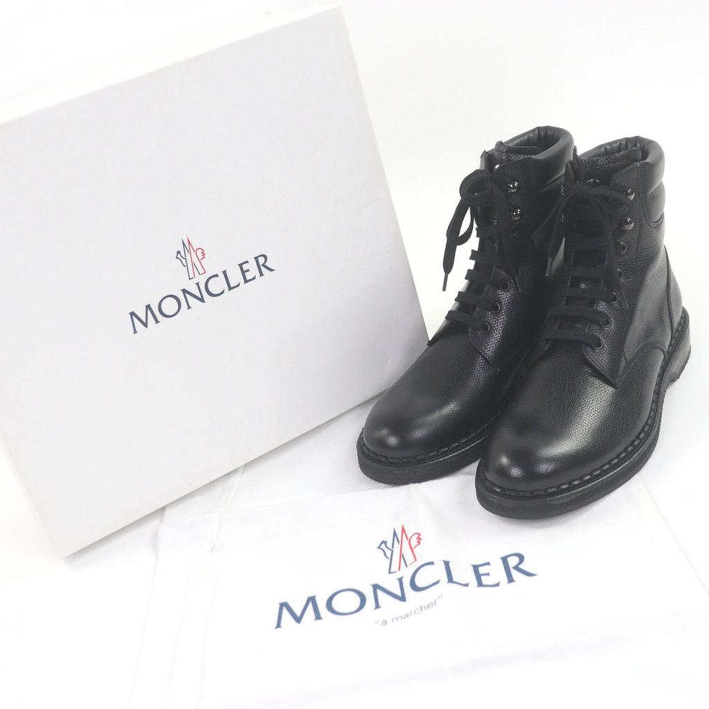 Pristine MONCLER Ankle boots Metal logo lace-up black leather mens 43 Used