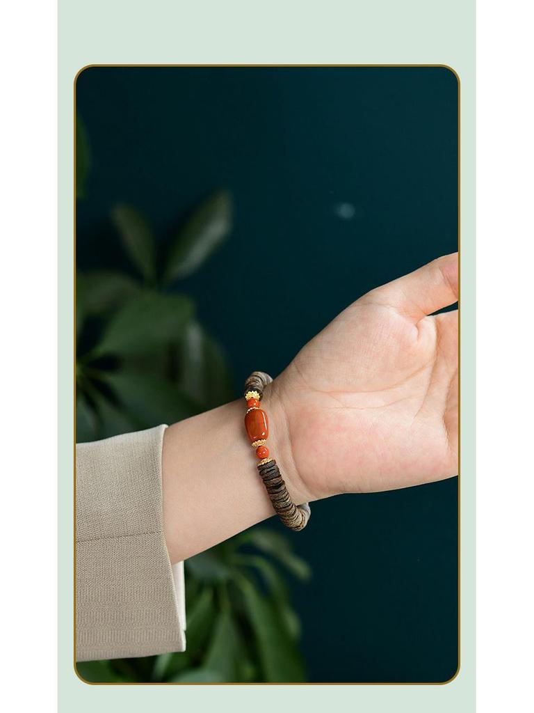 Oriole Song Agarwood & Nan Hong Agate Bracelet with 925 Silver Beads (No Oil Injection)