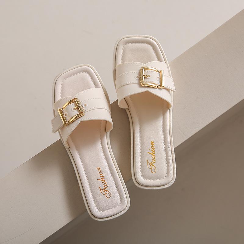 Fashionable Women's Anti-slip Beach Shoes New Square Buckle Flat One-shoulder Casual Flip-flops