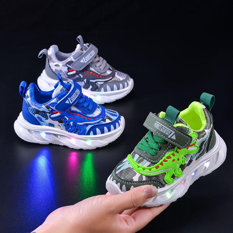 Frühlings Kinder Sportschuhe Cartoon Dinosaurier Kinder LED Leuchtschuhe Weiche Sohle Jungen Causal Sneakers