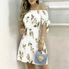 Women Plus Size Off Shoulder Tie Cuff Short Sleeve Floral Printed A Line Dress