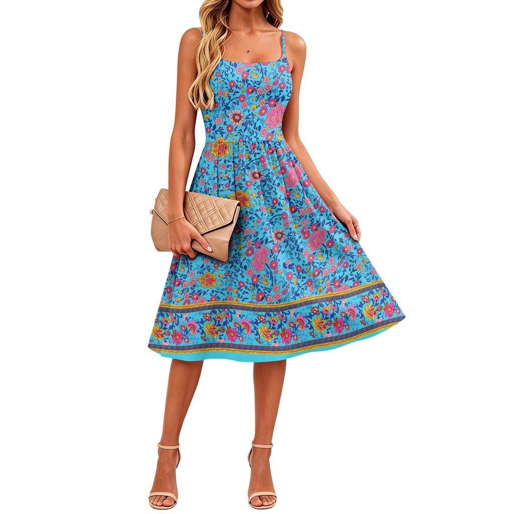 Women Sleeveless Adjustable Strap Midi Dress with Floral Print Pockets Casual A Line Sundress for Daily Wear