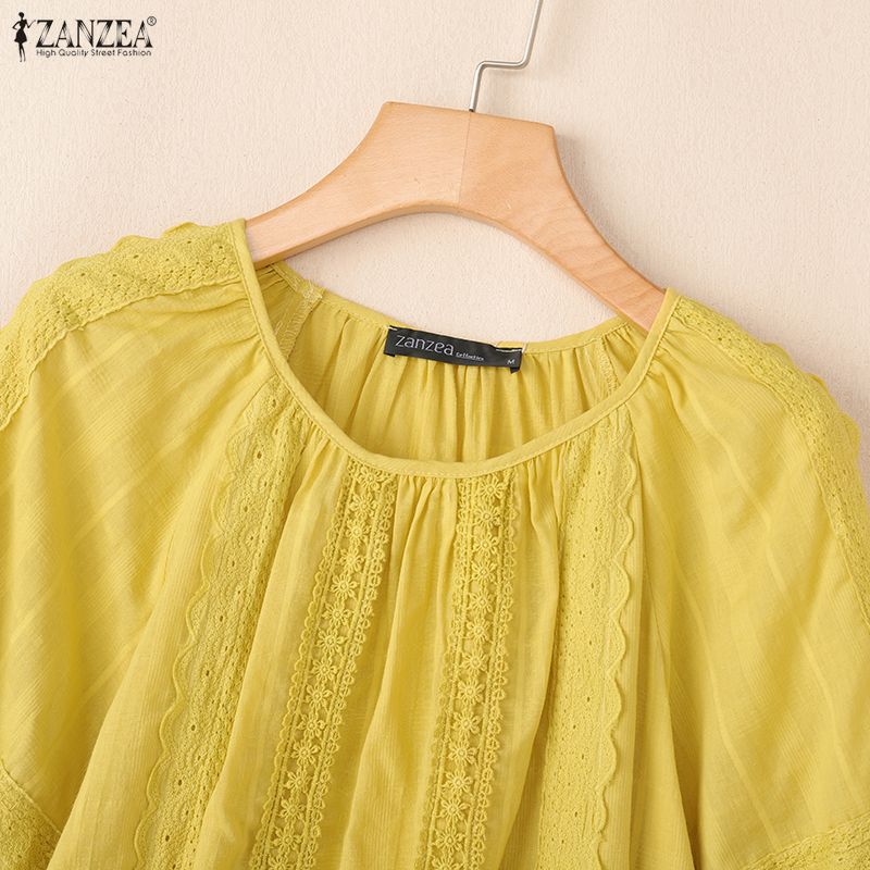 ZANZEA Sommer Damen Rundhals Kurzarm Spitze Häkeln Lässige Bluse