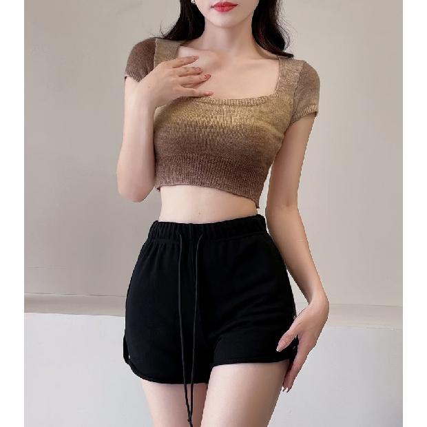 2025 Couleur Dégradée Col Carré Manches Courtes Style Européen et Américain Vêtements pour Femmes Nouveau Style Ventre Découvert T-shirt Top Tendance