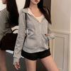 Gray Zipper Hooded Sweatshirt Women Slim Fit Cardigan Long Sleeve Coat Solid Pockets Sports Hoodies Jacket
